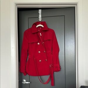 Calvin Klein Red Trench Coat with Belted Waist and Lapels